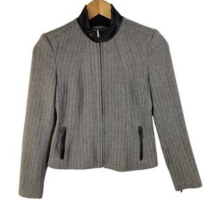 Adeco Herringbone Jacket Women's Size 2/36 Leather Trim Full Zip Career Blazer